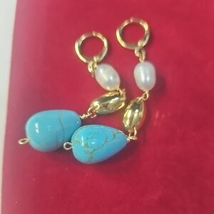 Mayamar 24k Gold‎ Plated Brass Freshwater Pearl  Turquoise Dangle Earrings New